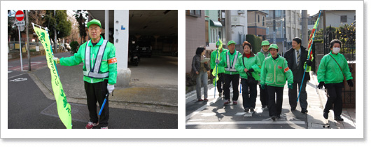 写真左：川合勇夫さん。夜間の活動にあたっては、都から貸与された夜間用ベストを着用します。手には合図灯も欠かしません。写真右：住宅街を歩いて回るパトロール隊の姿はとても目立ちます。