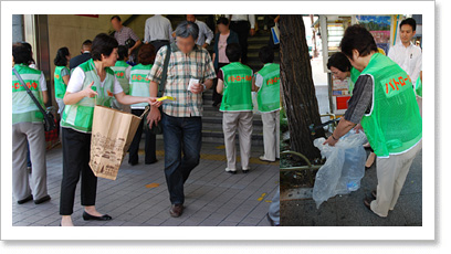 写真左：浅草橋駅前でティッシュを配る「振り込め詐欺防止」キャンペーン 写真右：ごみ拾い、違法ビラをはがすなどの環境美化も活動の一環
