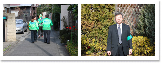 写真左：細い路地はとくに注意して見回ります。写真右：田園調布警察署勝又一郎生活安全課長